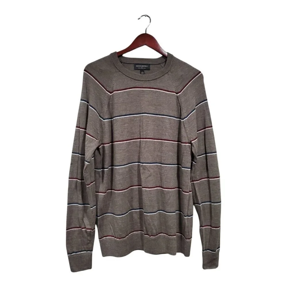 Banana Republic Mens Brown 100% Merino Wool Sweater Crew Neck Striped Sz L
